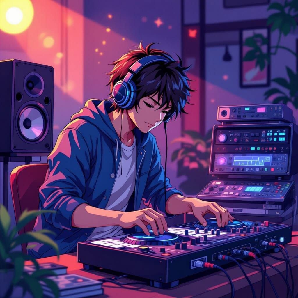 Beat Maker Crafting Music in Dynamic Manga Style