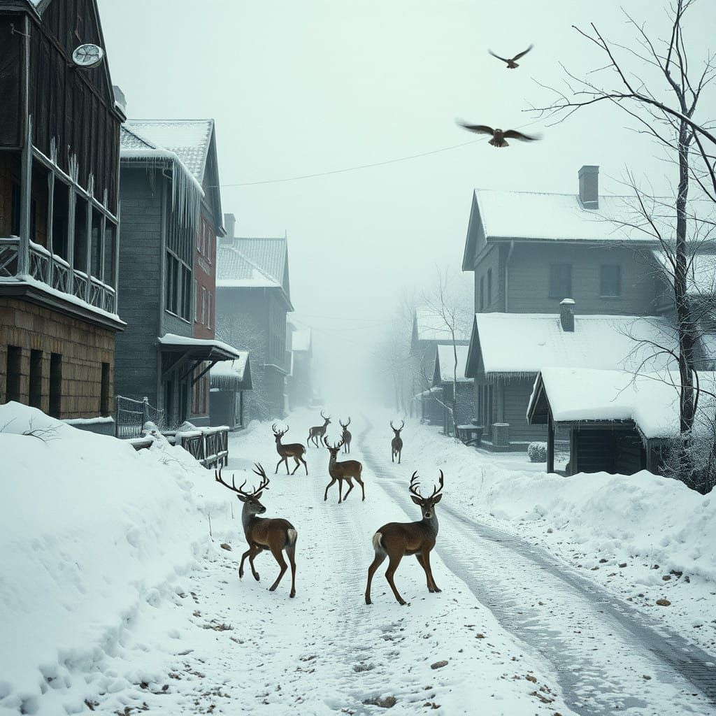 Surreal Snow-Covered Townscape in Melancholic Serenity