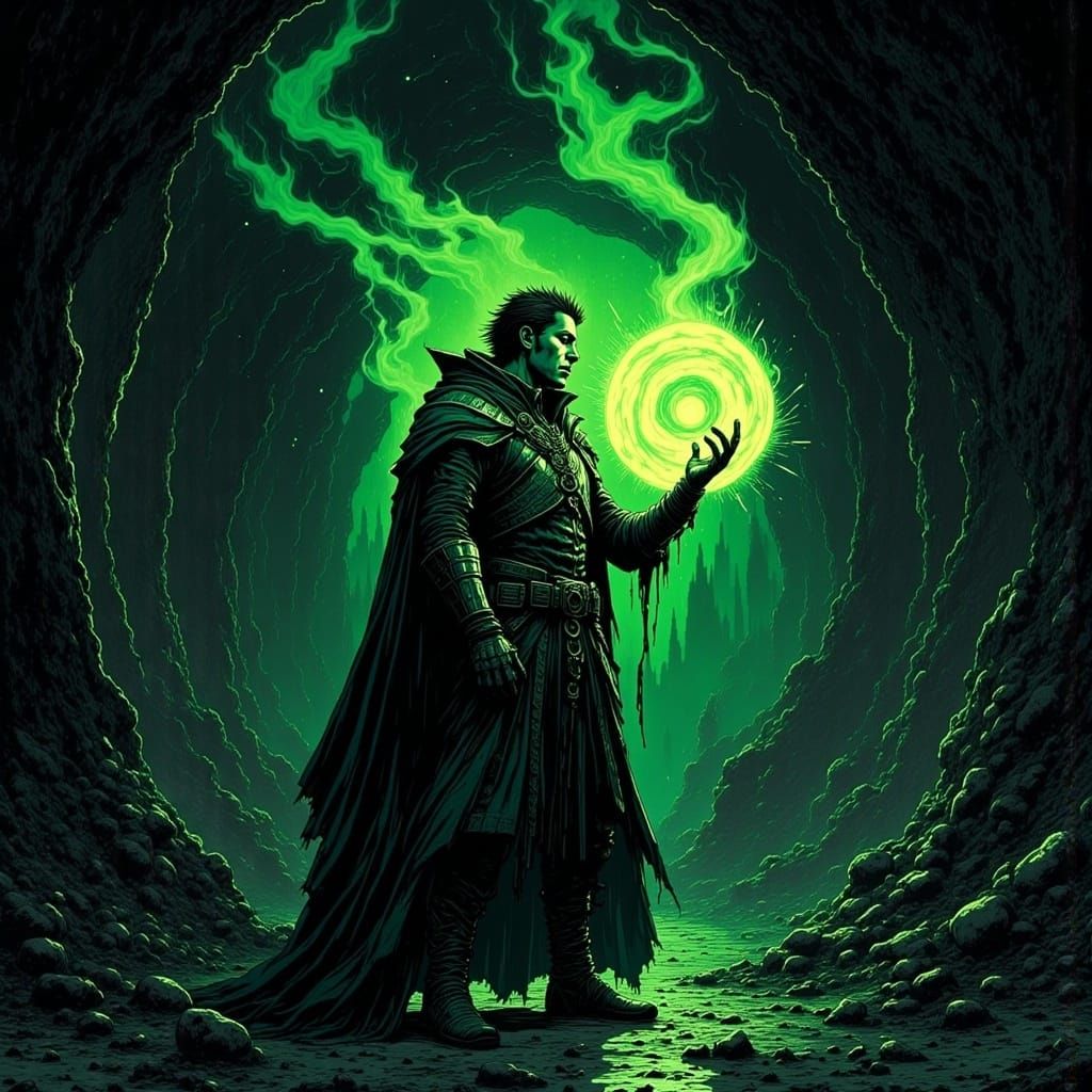 Mage Illuminates Cavern with Magic Ball in Linocut Style