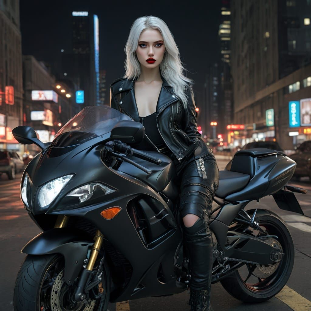 Confident Motorcyclist in Neon City Night