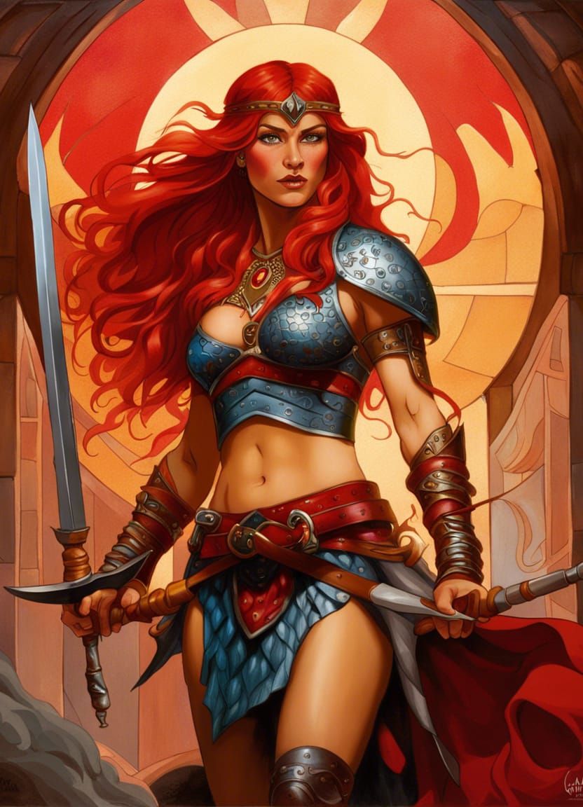 Red Sonja Ink Painting in Dark Fantasy Style