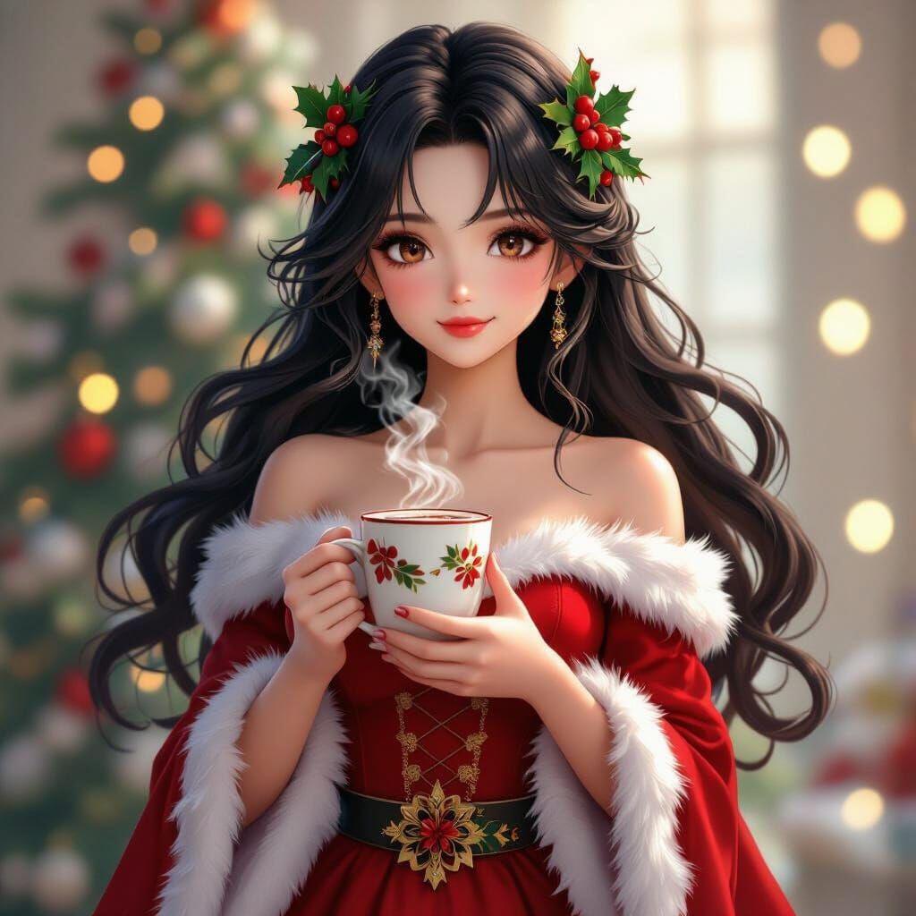 Anime Christmas Portrait of Woman with Hot Chocolate