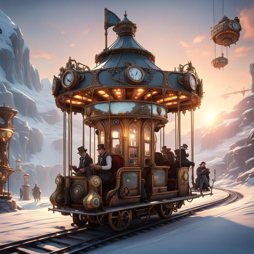 Steampunk Carousel and Train in Snowy Wonderland