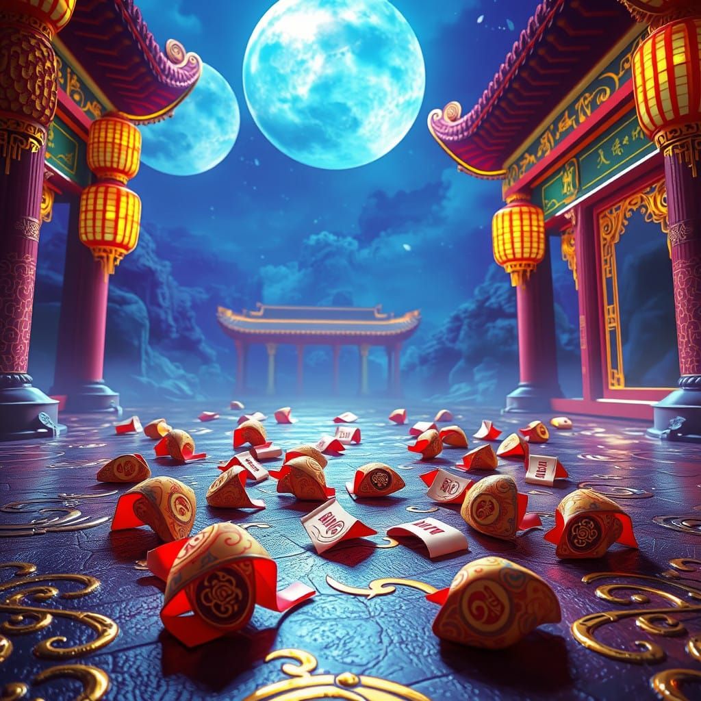 Mystical Chinese Fortune Cookies in a Dreamlike Temple Setti...
