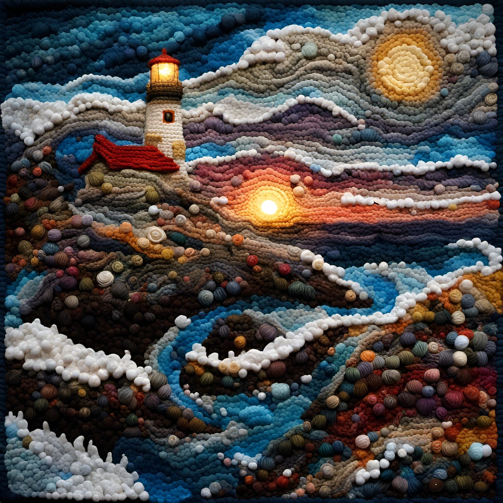 Crocheted Quilt Landscape with Lighthouse at Sunset