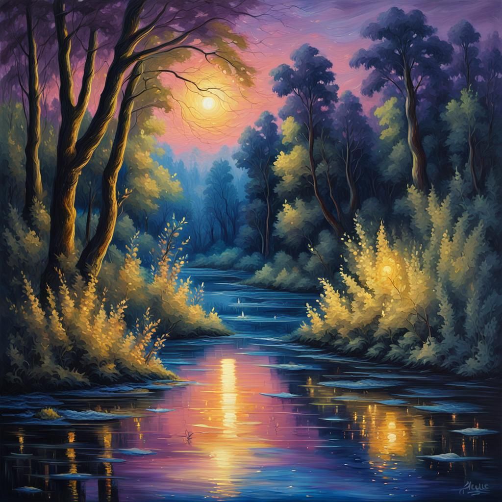 Fantasy River at Night: An Oil Painting