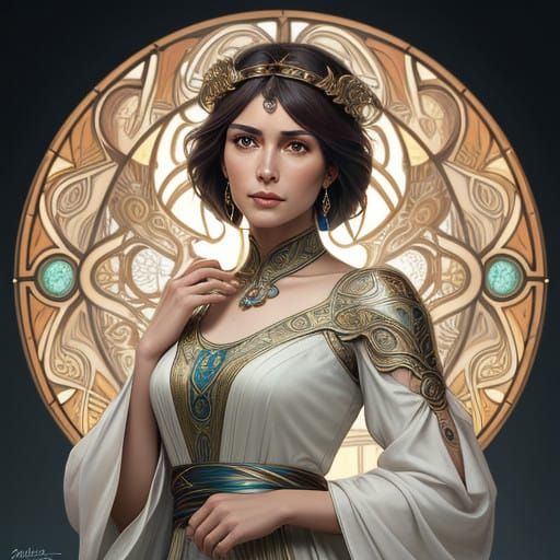 Elegant Woman in Ancient Greek-Inspired Silks and Murano Gla...