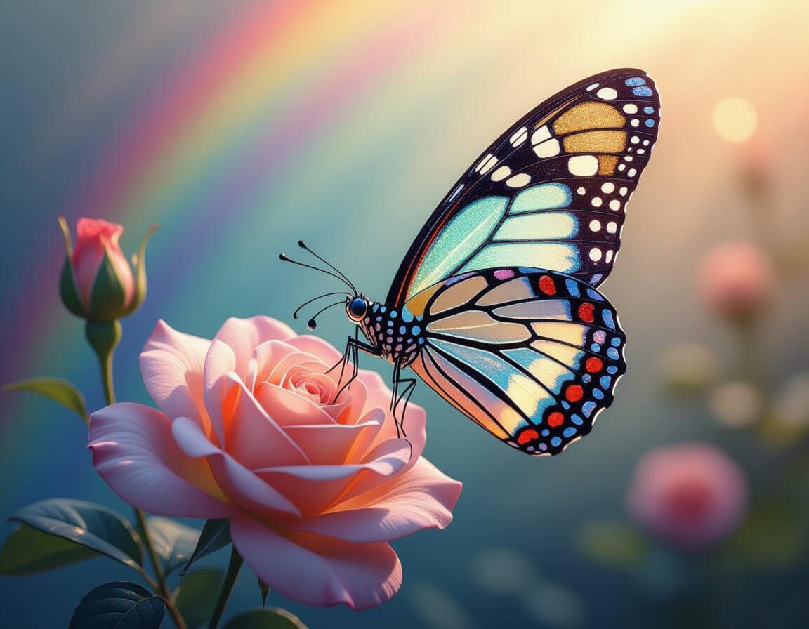 Glass Butterfly on Rose with Rhinestones, Rainbow Background