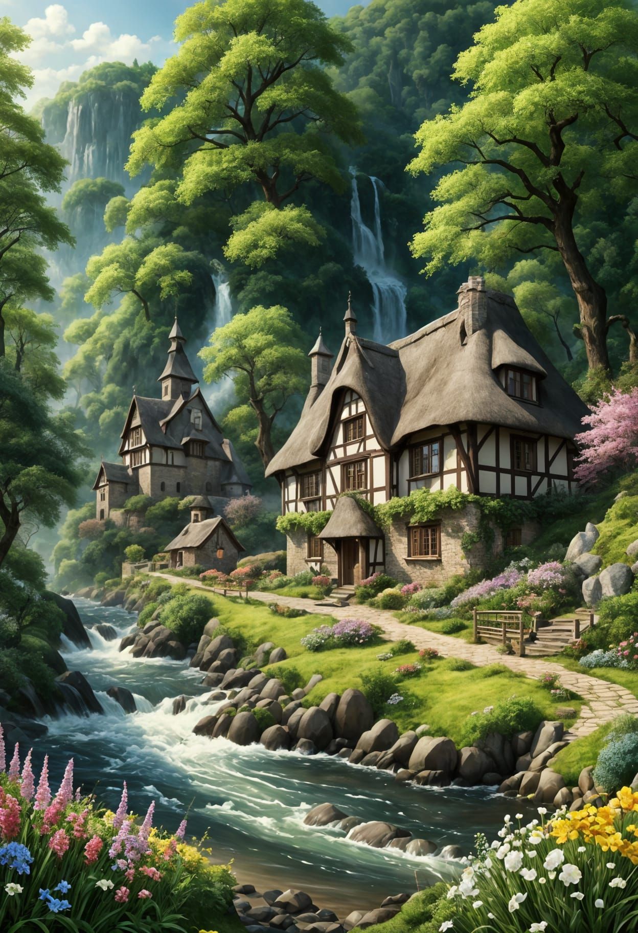 Surreal Landscape with Thatched Cottages and Castle in Vibra...