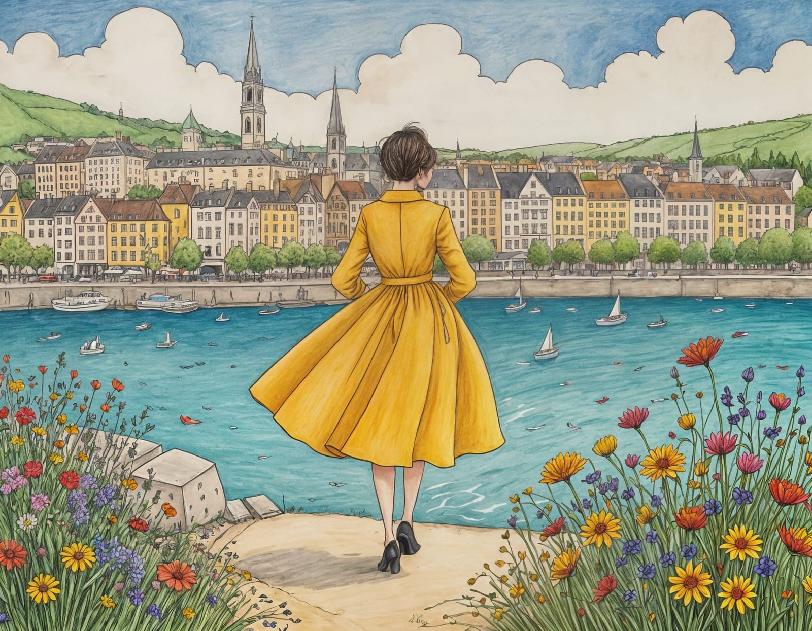 Watercolor Style Cartoon of a Serene Lakeside Scene