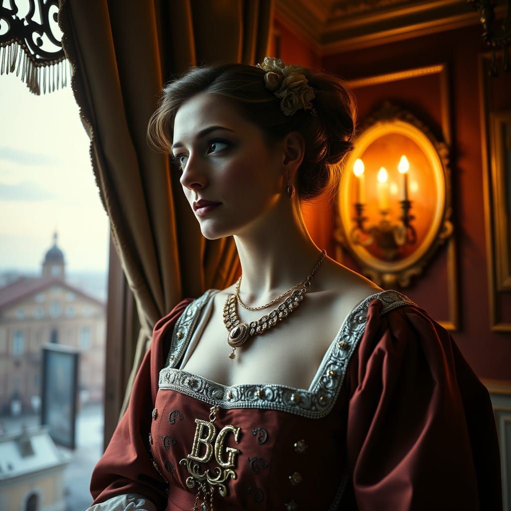 Majestic Lady in Russian Style with Renaissance Italian Atti...