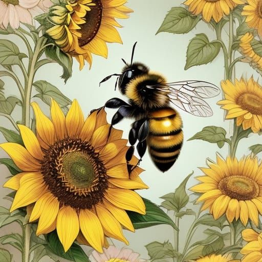 Bumble Bee on Sunflower Botanical Illustration