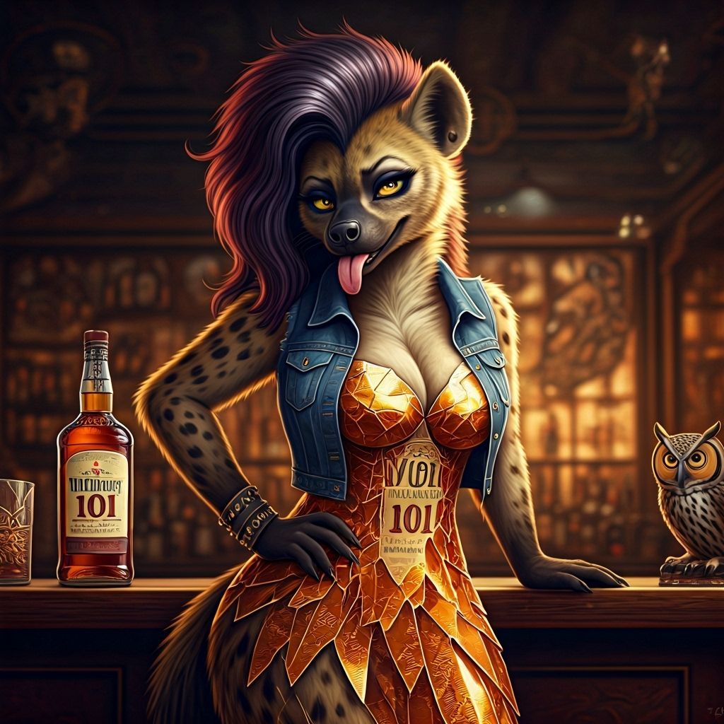 She-Hyena in Whiskey Bottle Dress at Dive Bar