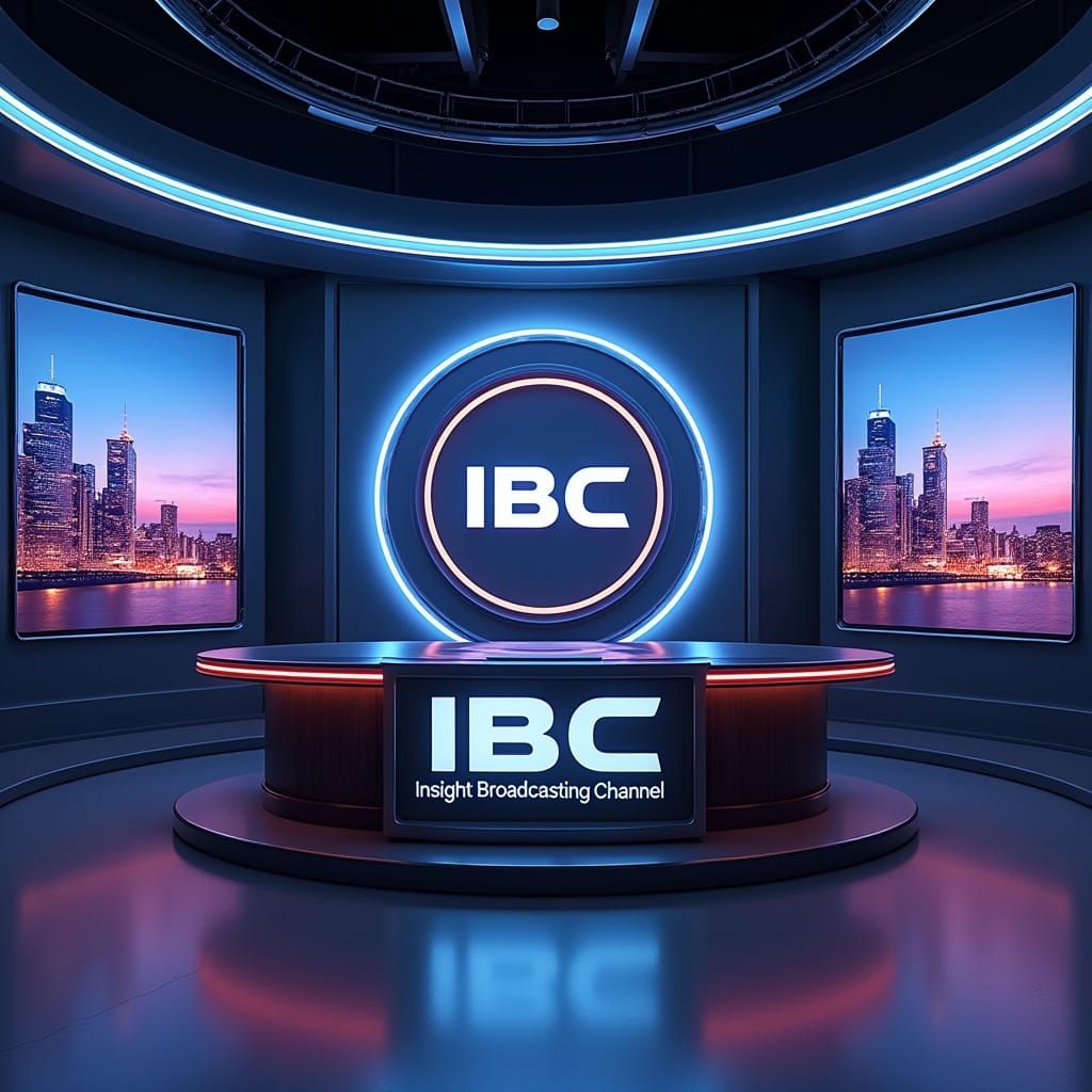 Futuristic News Anchor Studio with IBC Logo in Neon Ambiance