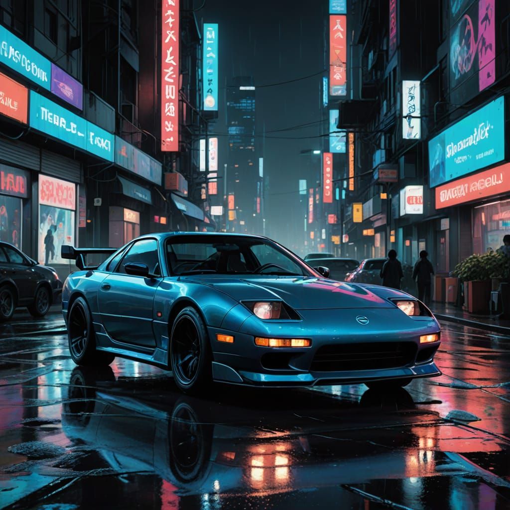 Cyberpunk Night Rider: A Futuristic Sports Car in a Rainy Ci...