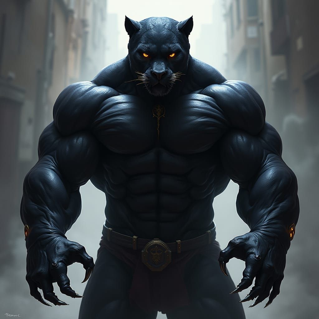 Muscular Black Panther Man with Claws in High-Contrast Style