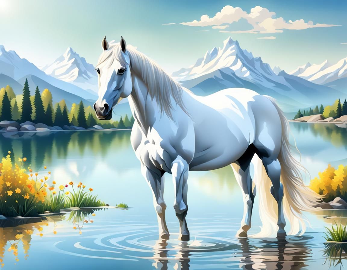 White Horse in Springtime Mountain Lake