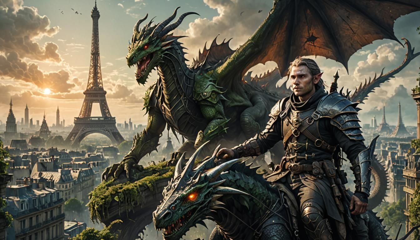 Elf-Human Warrior Rides Dragon in Ruined Paris