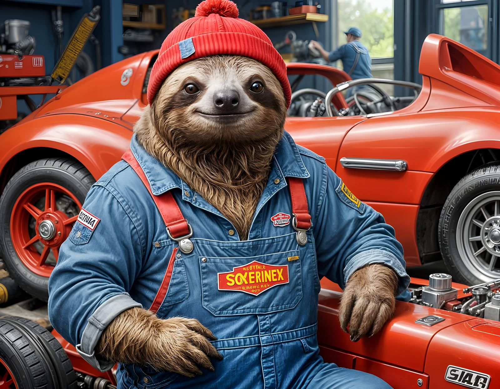 Sloth Mechanic Repairs Red Racing Car in Detailed Illustrati...
