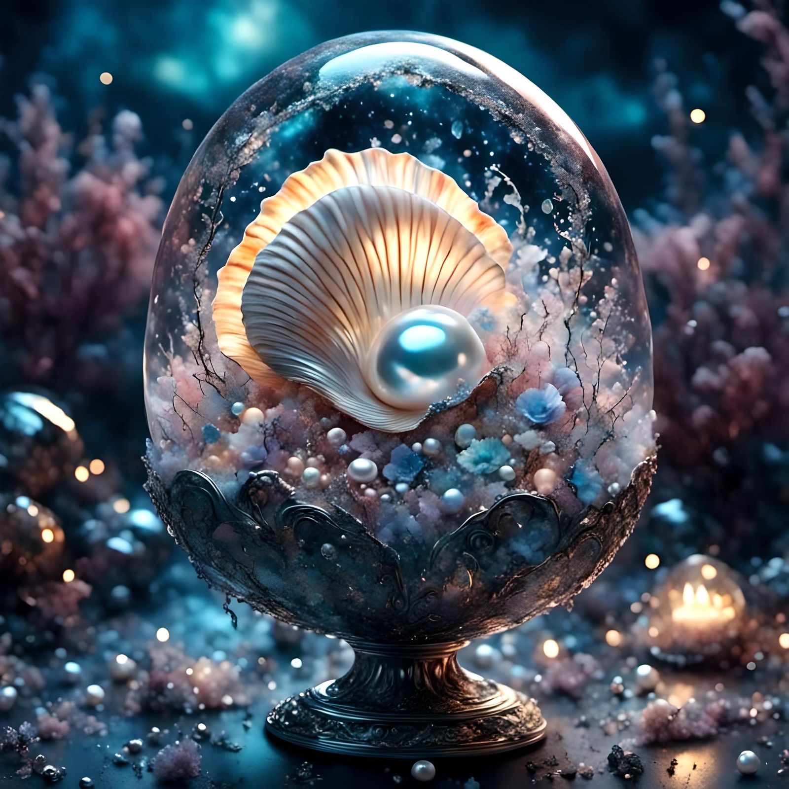 Pearlescent Shell in Dreamy Night Seascape