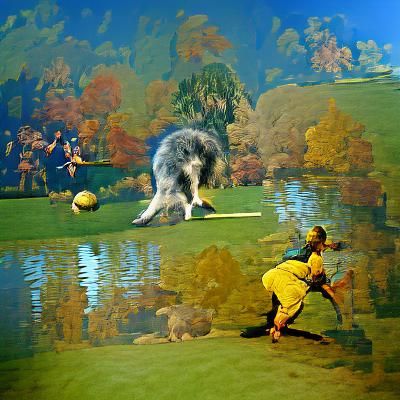 Brindle Spitz Dog Playing Fetch: Etching and Illustration