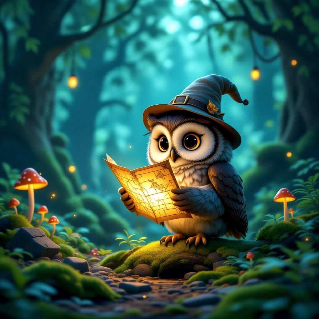 Whimsical Owl Adventurer in Enchanted Forest 3D Render