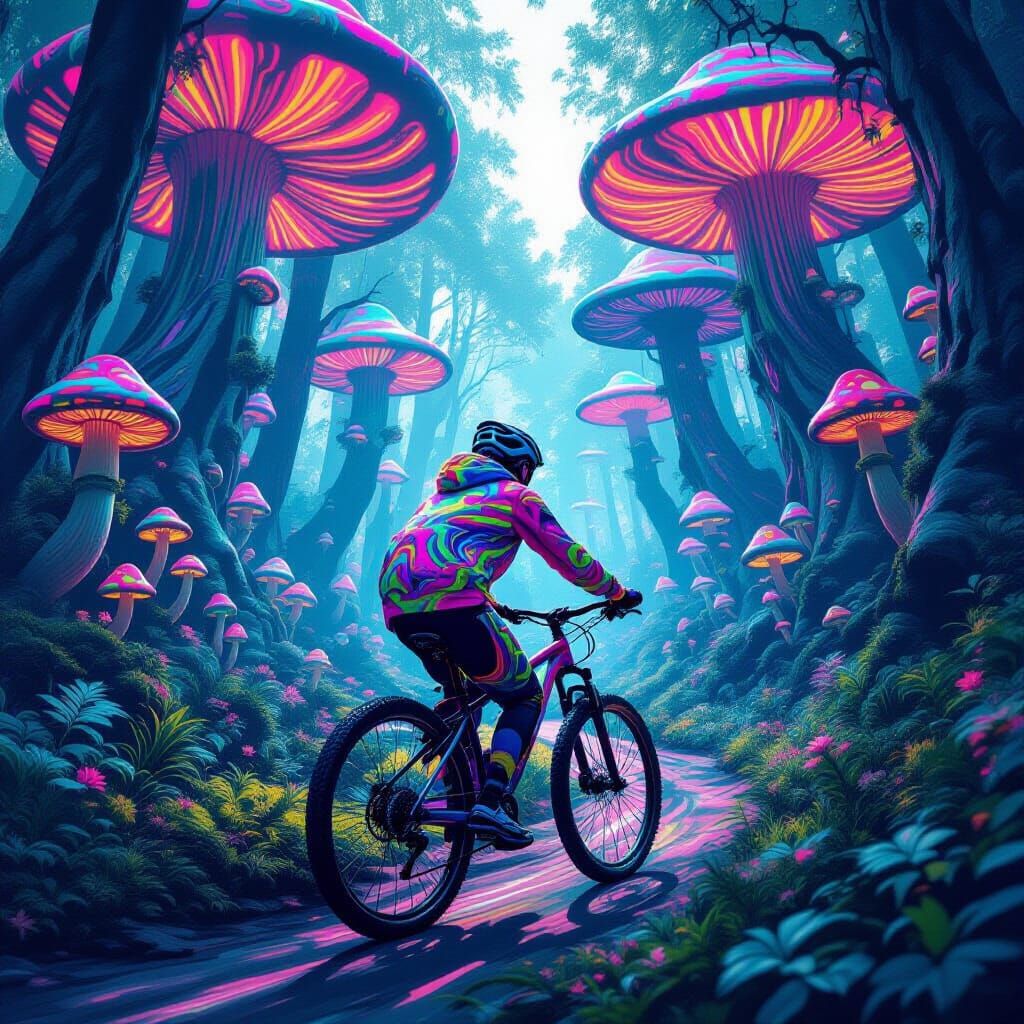 Psychedelic Forest: Cyclist's Dreamlike Mushroom Journey