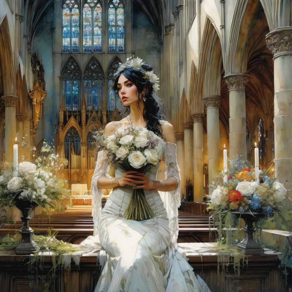 Anxious Bride outside Church, Anime Style