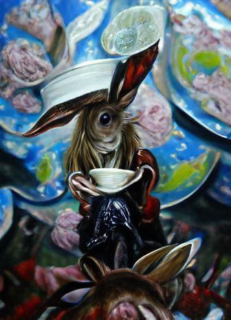 March Hare in Teacup: Detailed Oil Painting