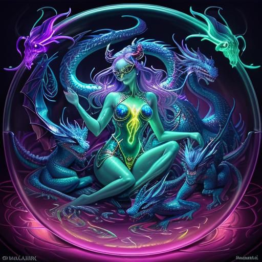 Glass Woman Statue in Milk Bath with Neon Glasses