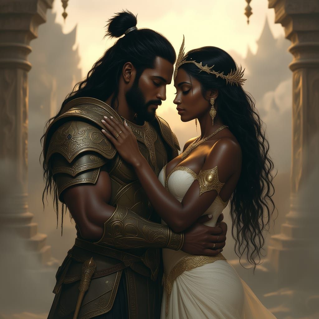 Handsome Warrior Embraces Goddess in Powerful Art