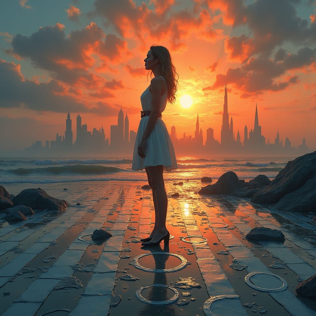 Shattered Reality: Woman in a Dystopian Cityscape