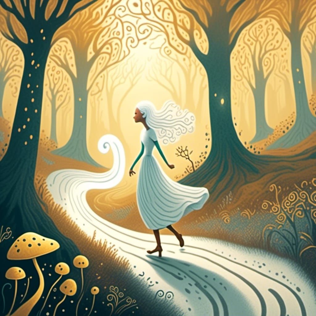 Mystical Woman Guided Through Misty Forest