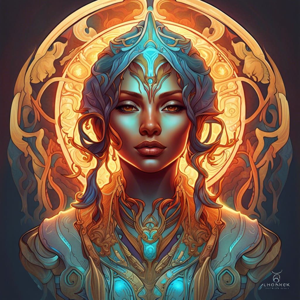Glowing Ankh Portrait in Art Nouveau Style