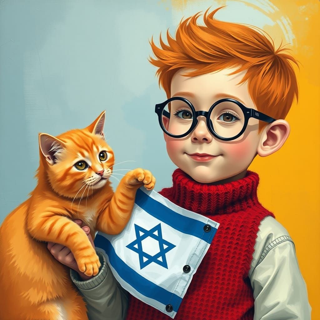 Boy with Cat and Flag in Abstract Art