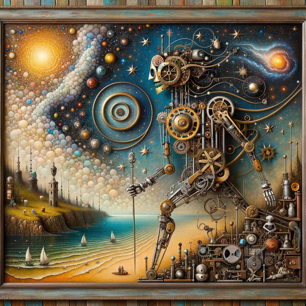 Vintage Automaton Crafts Surreal Landscape in Art Deco Style