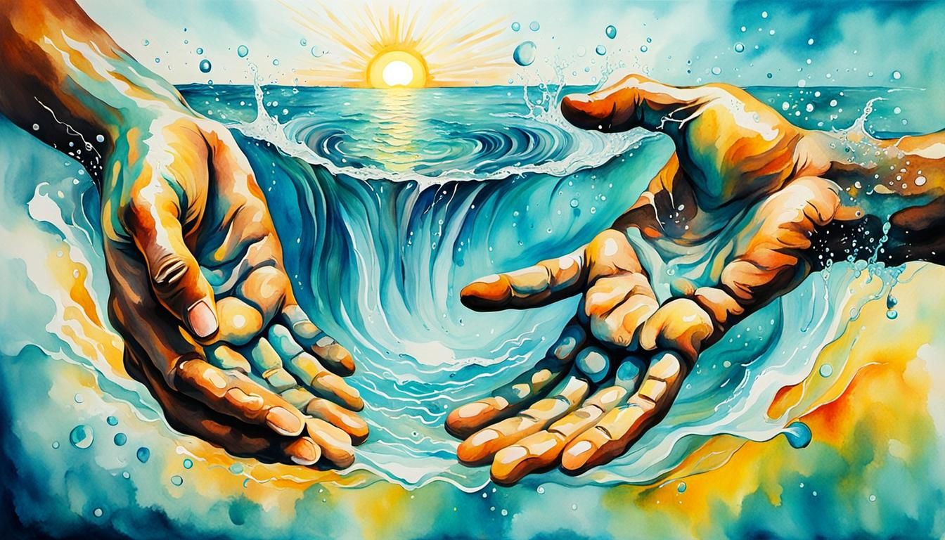 Watercolor Deity Creates Ocean at Sunrise