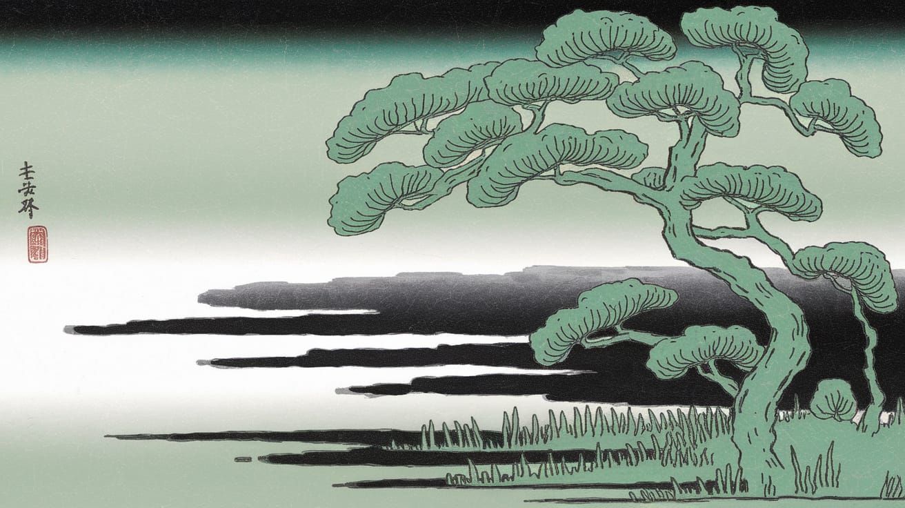 Abstract Pale Green Composition in Ukiyo-e Style