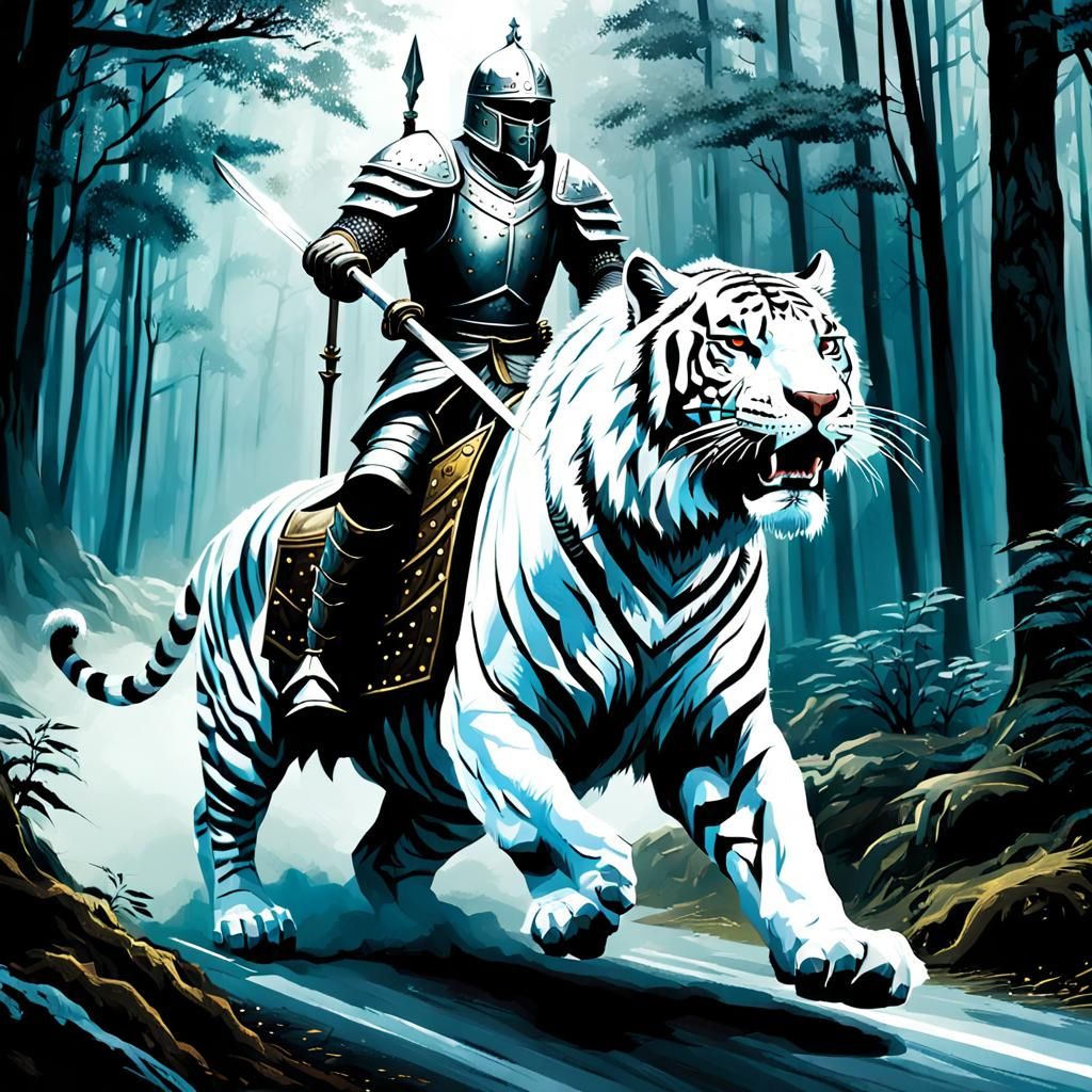 A medieval warrior in full Armour, riding in a chariot being...