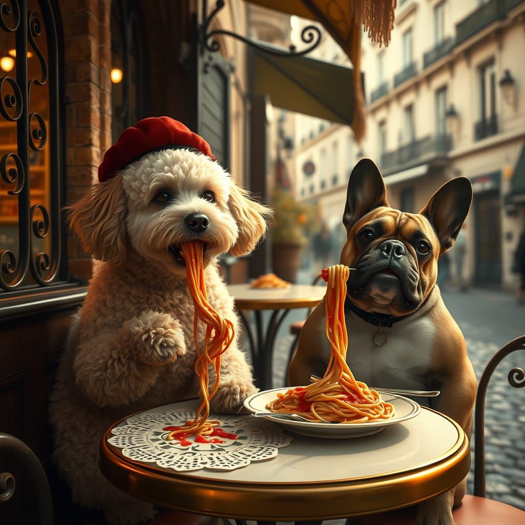 Romantic Parisian Cafe Scene with Fluffy Dogs