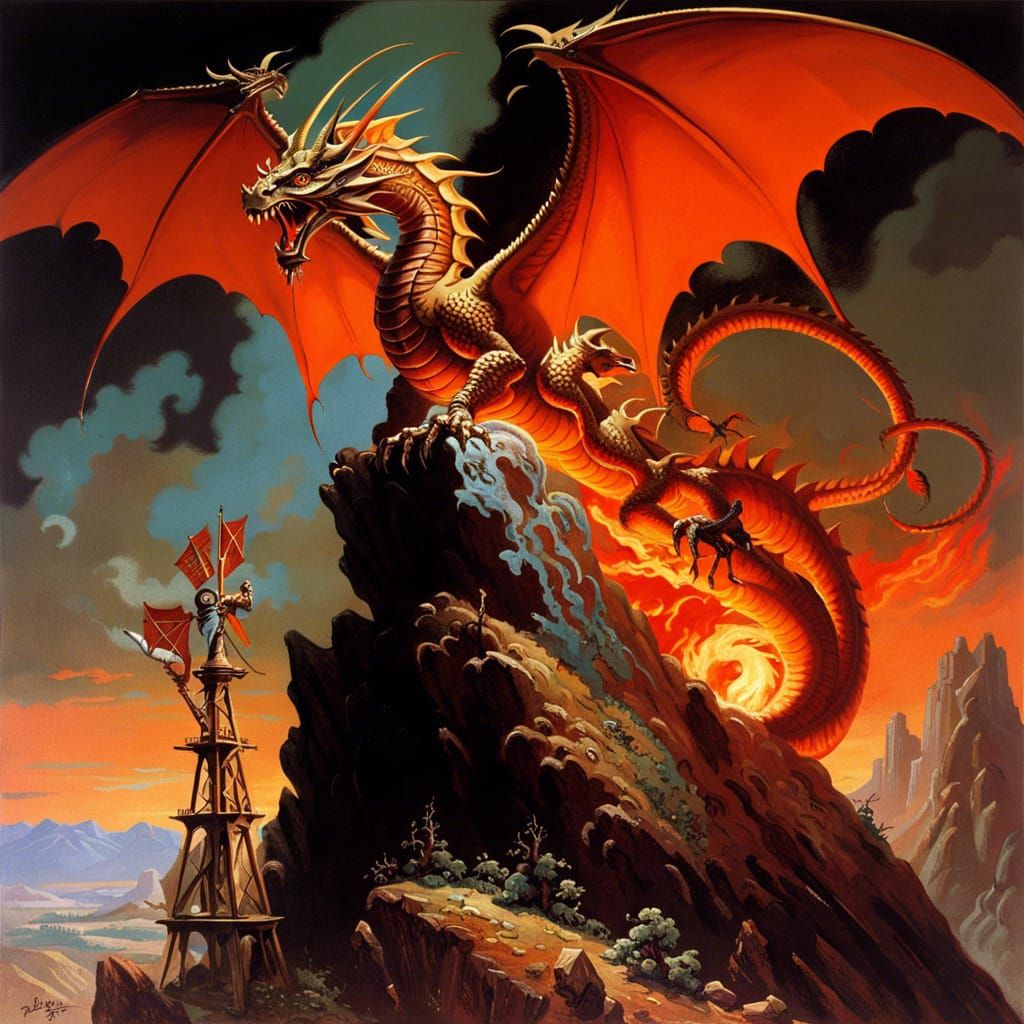 Dragon Landing on Windmill in Fantasy Painting Style
