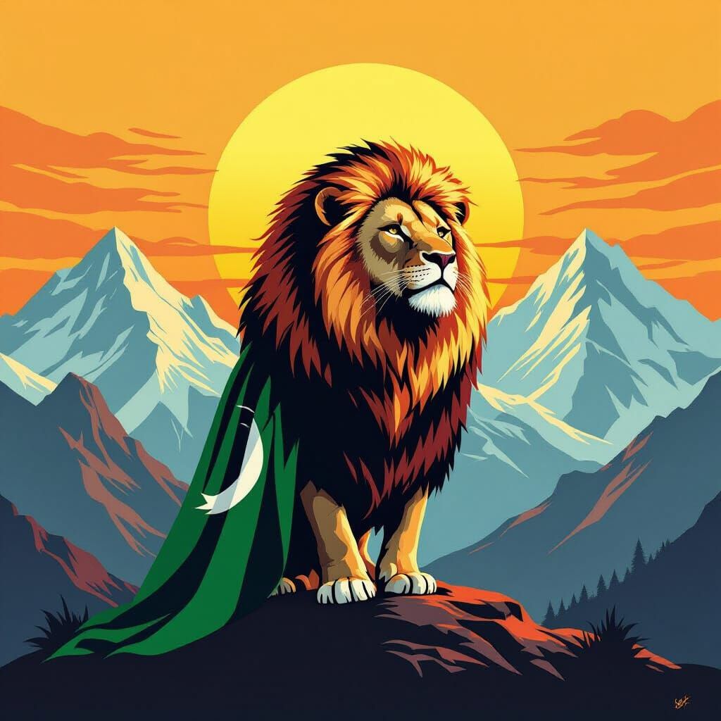 Lion with Pakistani Flag: Minimalist Vector Art