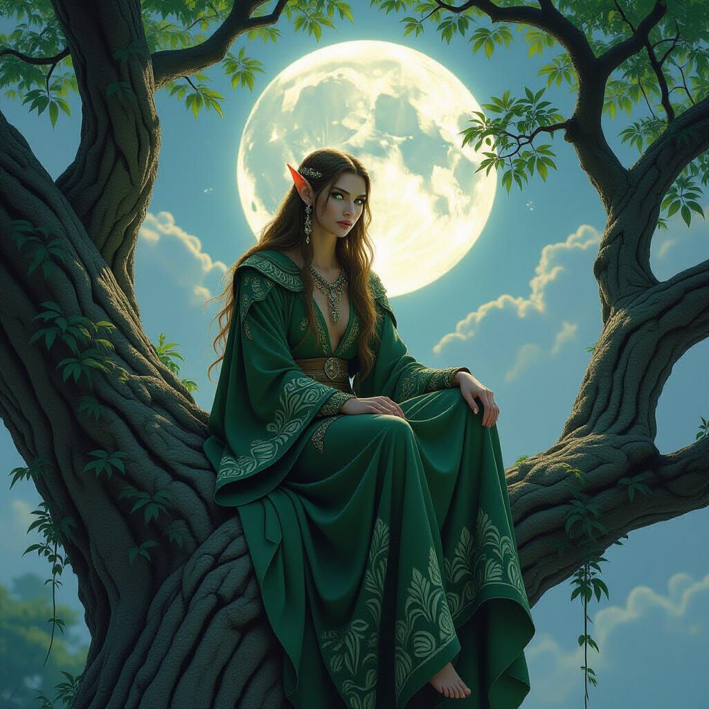 Ethereal Elven Druid in Moonlight Forest