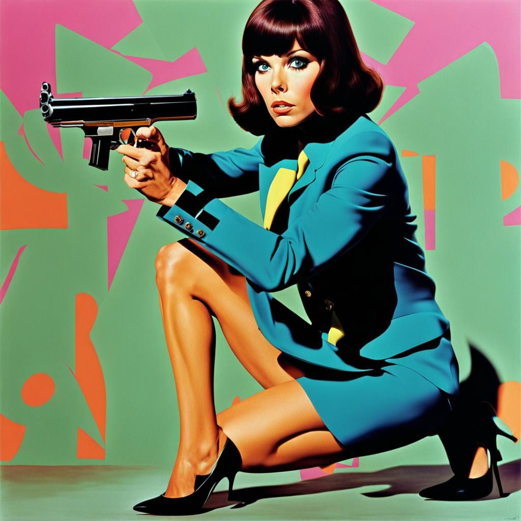 barbara feldon in her 20's as agent 99 action shot, crouchin...