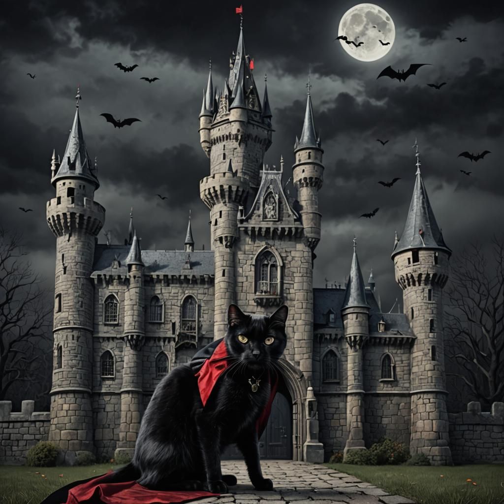 Vampire Cat in Front of Spooky Castle