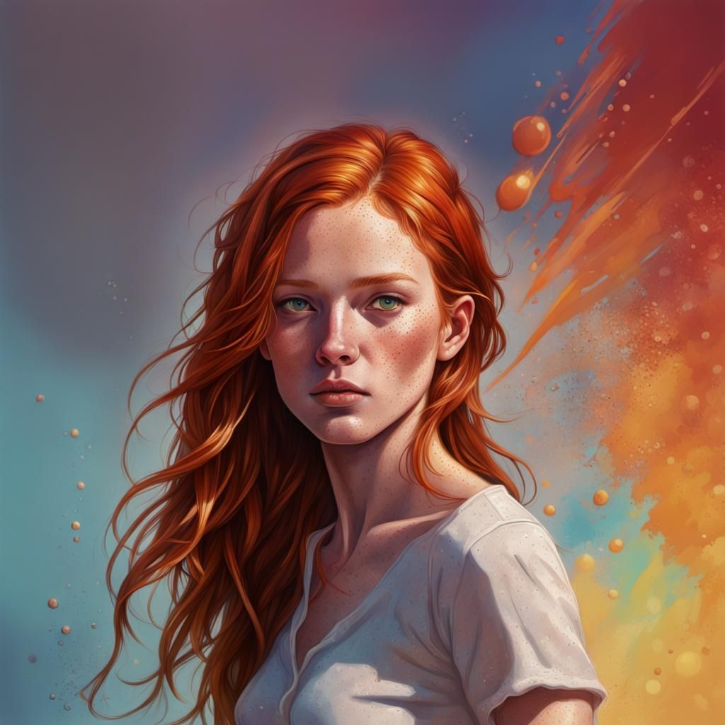 Hyperrealistic Freckled Redhead Portrait in Splash Art Style