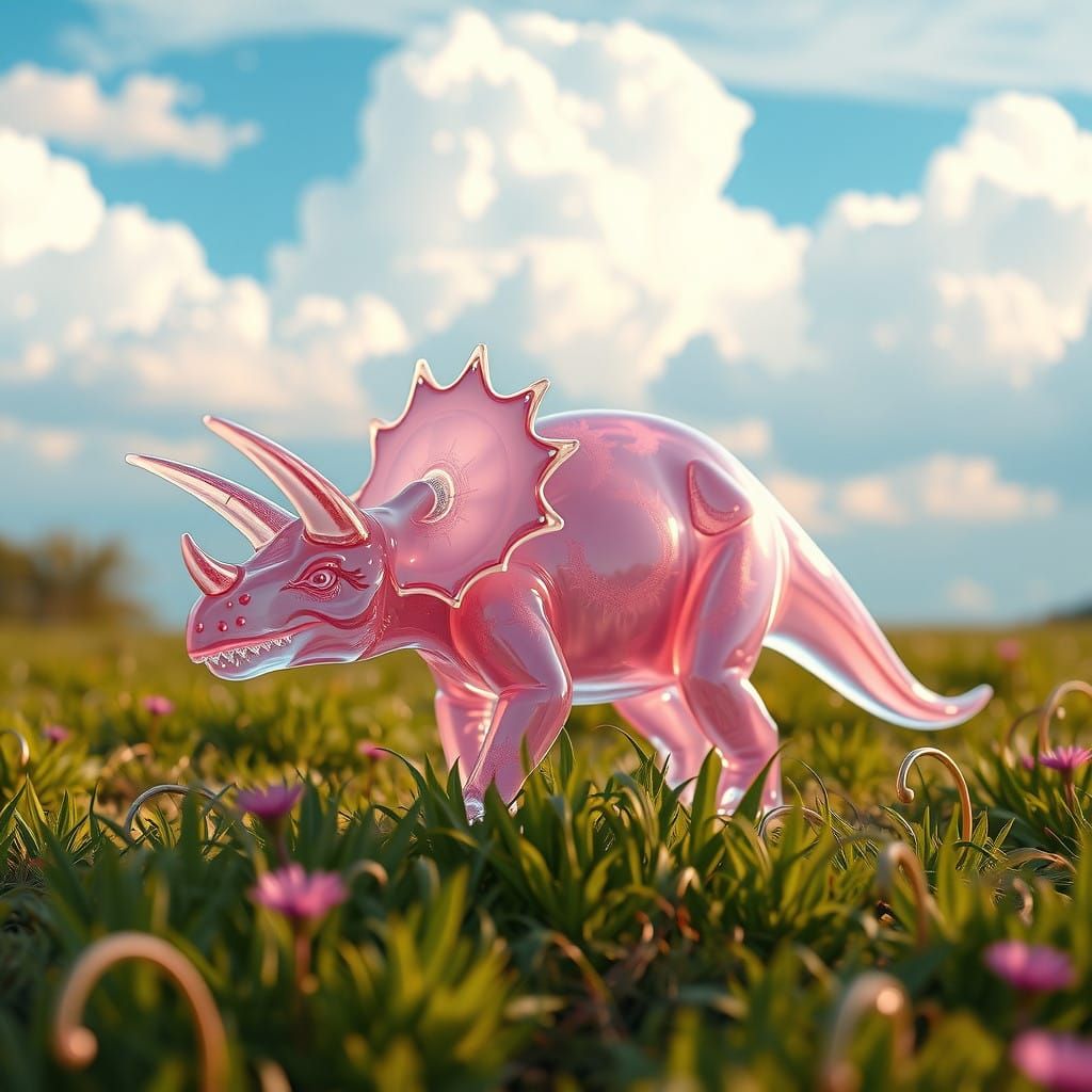 Ethereal Glass Triceratops in Vibrant Meadow