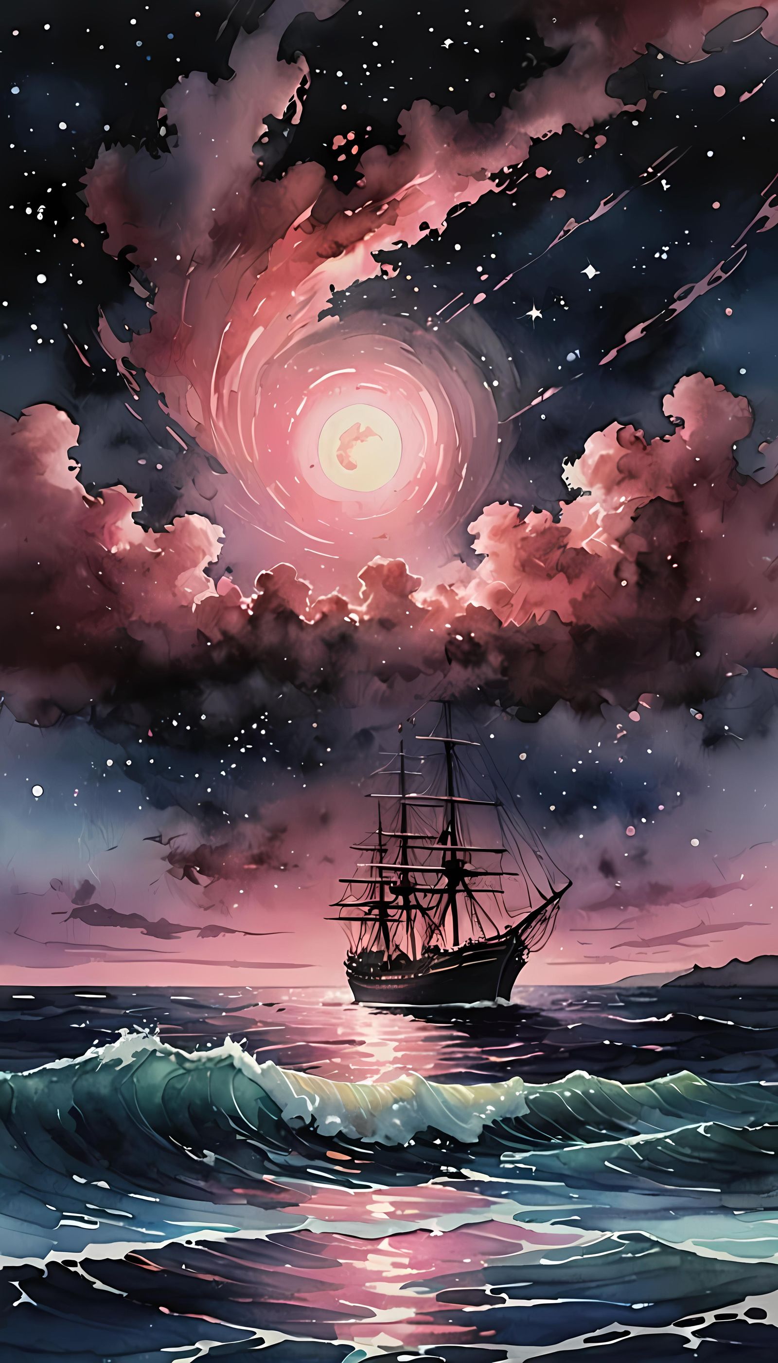 Ship on Glowing Pink Sea at Night