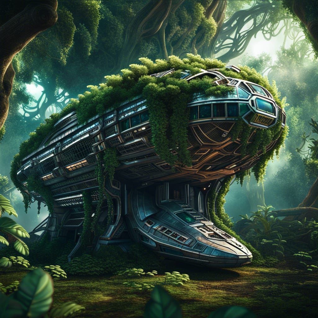 Hyperrealistic Spaceship Covered in Vines in Forest