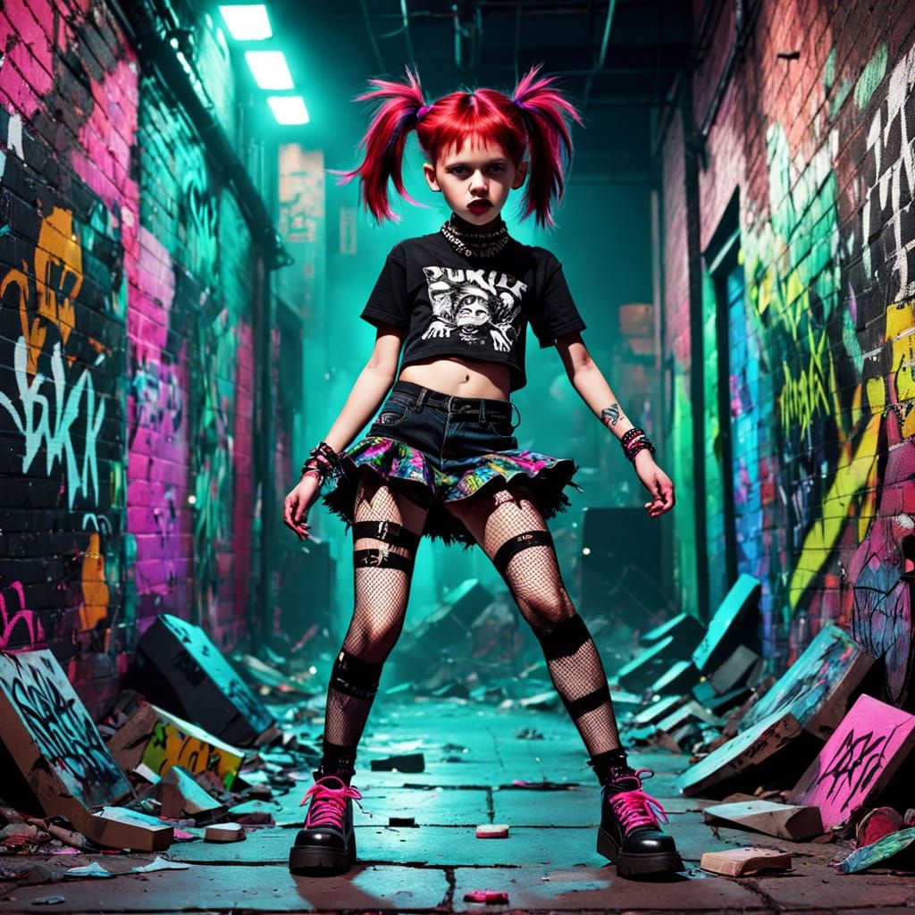 une jolie petite fille rousse 6 ans avec des couettes, rebelle, tenue PUNK délirante habillée en noir grosses chaussures...